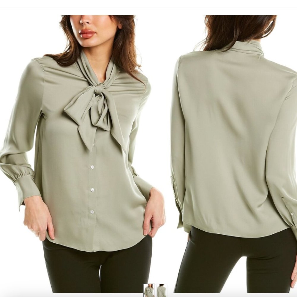 -Theory Pale Green 100% Silk Scarf Shirt Button Down Blouse NWT Size XP/XS